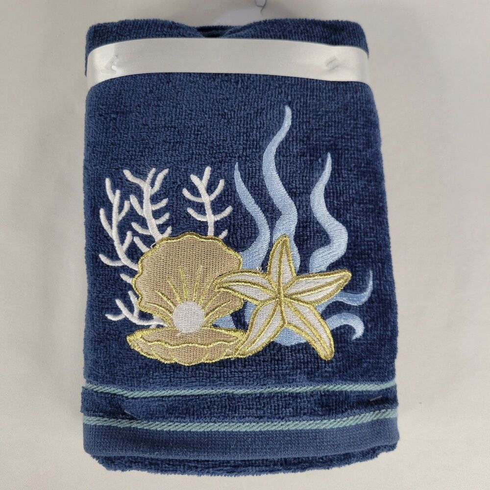 Set 2 Blue Bathroom Hand Towels Beach Embroidered Gold Starfish Shells Nautical - Picture 6 of 11